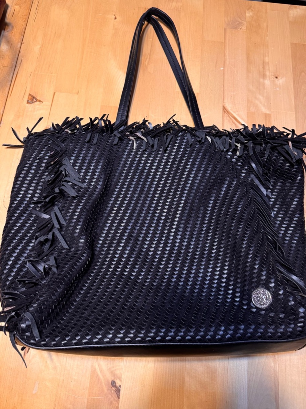 Vince Camino Black Woven Fringe Tote Bag very  callout in photo peeling on strap